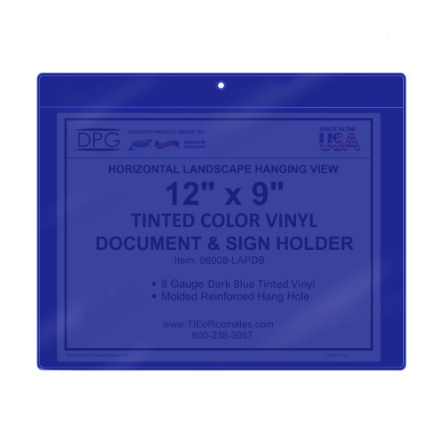 Blue tinted 12x9 landscape vinyl job ticket holder sleeve with heat welded edges, long-side opening, reinforced hang hole, holds full-page work orders and checklists