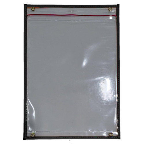 Heavy-duty waterproof clear vinyl document holder with stitched black reinforced trim, four brass corner eyelets, and cold-temperature rated material for industrial and outdoor use