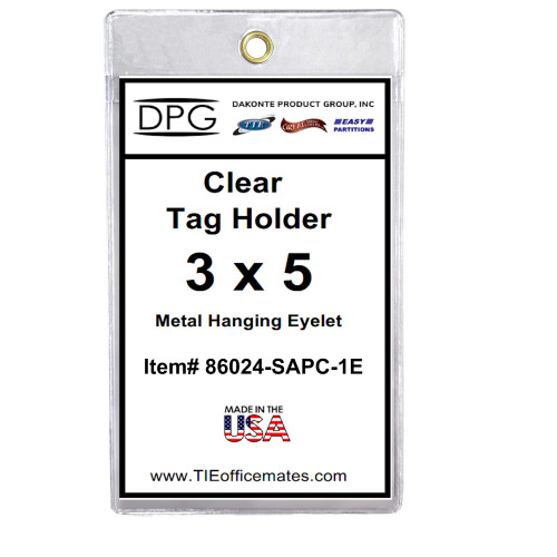 Clear plastic 3x5 portrait tag holder with metal hanging eyelet, heavy-duty heat-welded construction, sold in 50-pack for inventory tags and labels.