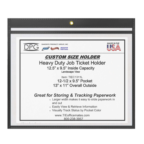 13x10 oversized landscape job ticket holder with clear PVC covers, stitched color-coded vinyl trim, brass hanging eyelet, and 14x11 overall size for work orders and routing sheets.