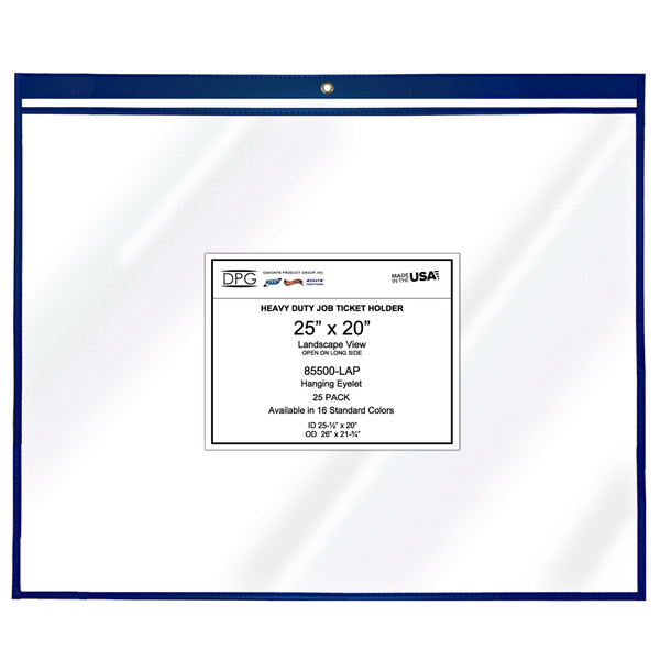 25x20 extra-large landscape stitched vinyl ticket holder with top-loading design, clear 8 mil PVC covers, and color-coded trim. Heavy duty sleeve for proofs, job tickets, facility maps, and posters. Reusable, stain-resistant, dry-erase compatible, Made in USA, 25-pack. 25x20 extra-large landscape stitched vinyl ticket holder with top-loading design, clear 8 mil PVC covers, and color-coded trim. Heavy duty sleeve for proofs, job tickets, facility maps, and posters. Reusable, stain-resistant, dry-erase compatible, Made in USA, 25-pack.