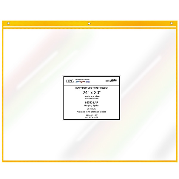 0x24 extra-large stitched vinyl shop ticket holder with clear 8 mil PVC covers, color-coded trim, and brass eyelets. Oversized heavy duty document sleeve for blueprints, site plans, construction drawings, posters, signage, and warehouse maps. Dry-erase compatible, reusable, stain-resistant, made in USA, 25-pack.