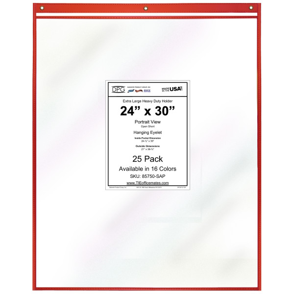 24x30 extra-large stitched vinyl shop ticket holder with clear 8 mil PVC covers, color-coded trim, and brass eyelets. Hanging document holder made in USA for prints, posters, signs, blueprints, site plans, construction drawings, and warehouse signage. Reusable, dry-erase compatible, stain-resistant design built for industrial, office, and facility use. Pack of 25.