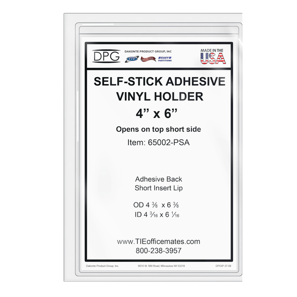 Made in USA Clear Vinyl Peel & Stick 4" x 6" Portrait View Holders for barcode labels, shelf labels, product labeling, package labeling, equipment and machine labels, business card reminders, checklists, HVAC maintenance cards, bin and tote labels, inventory and tag holders. Open on short side for easy changing printed contents without expensive single-use plastic lamination.