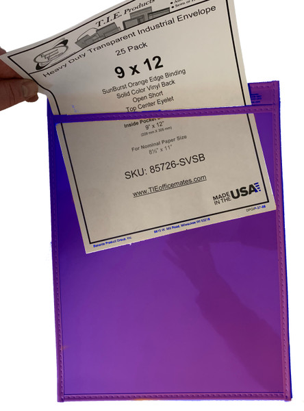 Clear 9x12 job ticket holder with purple vinyl backing, reusable pocket for 8.5x11 work orders, job tickets, and checklists in industrial and shop environments