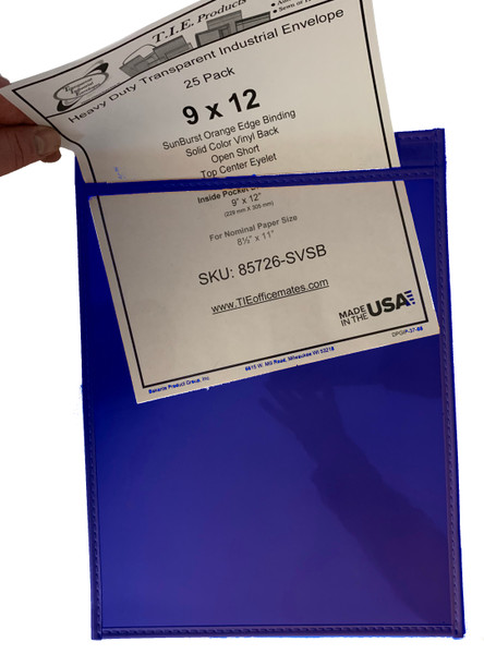 Clear 9x12 job ticket holder with royal blue vinyl backing, reusable pocket for 8.5x11 work orders, job tickets, and checklists in industrial and shop environments