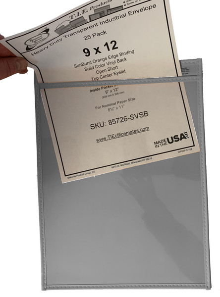 Clear 9x12 job ticket holder with grey vinyl backing, reusable pocket for 8.5x11 work orders, job tickets, and checklists in industrial and shop environments