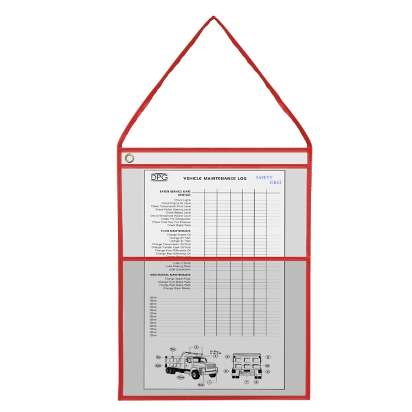 Made in USA 11x14 heavy-duty two-pocket job ticket holder with hanging strap – color-coded vinyl trim organizes paperwork, tools, and receipts – ideal for service writers and maintenance teams.
