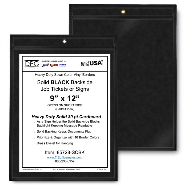 9x12 solid back black job ticket holder with clear vinyl front, stitched trim, brass eyelet, and rigid 30 pt black cardboard backing.