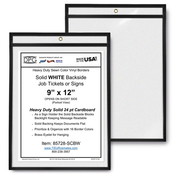 9x12 job ticket holder showing 8 mil clear PVC front with paper job traveler packet inserted inside stitched perimeter trim.
