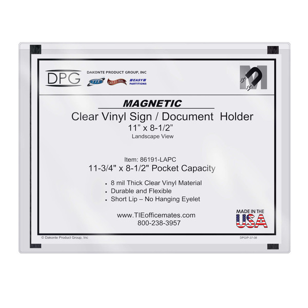 Magnetic 12x9 landscape hanging view vinyl sign holder for metal surfaces like cabinets, metal doors, equipment, machines and vehicles.  Use for signs, instructions and checklists. Dry marker erasable.