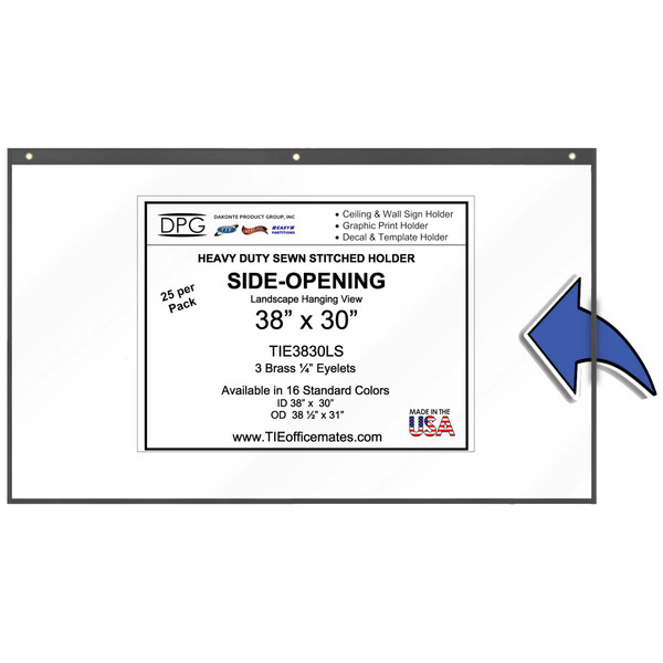 38x30 extra-large landscape stitched vinyl sign holder with side opening, clear 8 mil PVC covers, and color-coded trim. Heavy duty hanging sleeve for posters, warehouse signage, blueprints, construction drawings, safety maps, and project documentation. Dry-erase compatible, reusable, stain-resistant, made in USA, 25-pack.