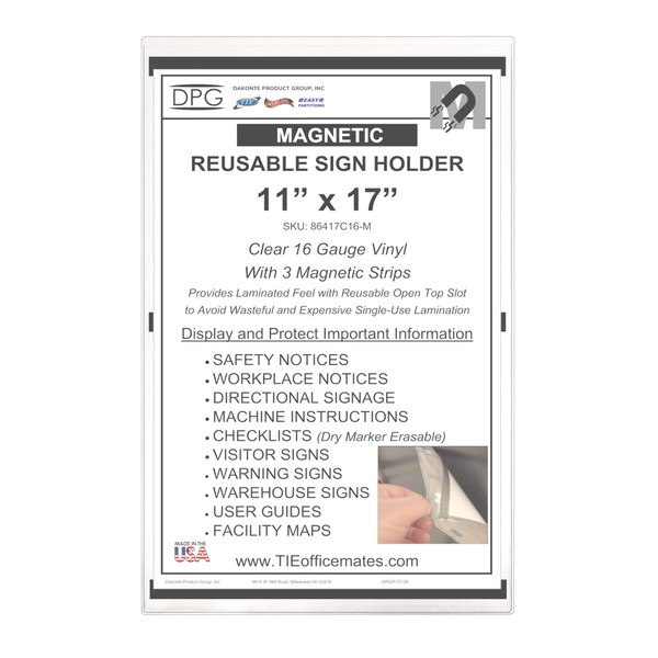 11x17 clear vinyl plastic sign holder with magnetic strips for mounting on metal surfaces.