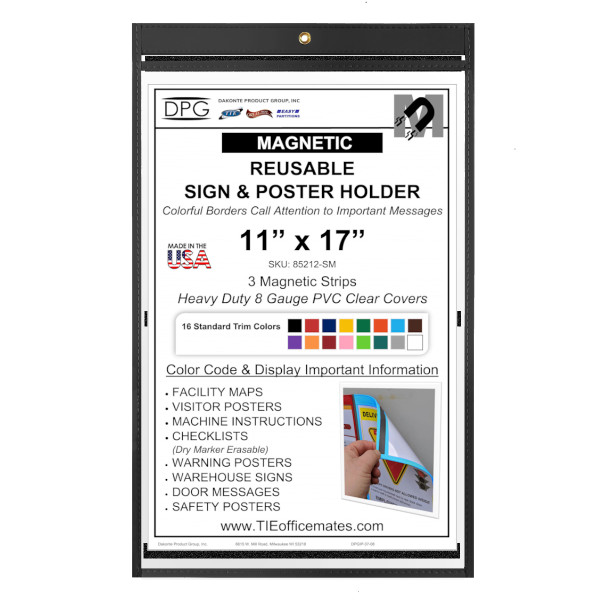 11x17 magnetic sign holder with colorful stitched sewn border trim  for posters, visitor signs, checklists, safety signs, HR messages and facility maps.