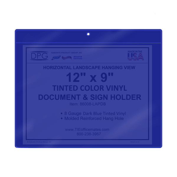 Blue tinted 12x9 landscape vinyl job ticket holder sleeve with heat welded edges, long-side opening, reinforced hang hole, holds full-page work orders and checklists