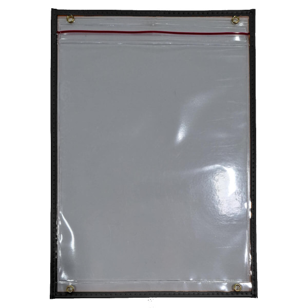 Heavy-duty waterproof clear vinyl document holder with stitched black reinforced trim, four brass corner eyelets, and cold-temperature rated material for industrial and outdoor use
