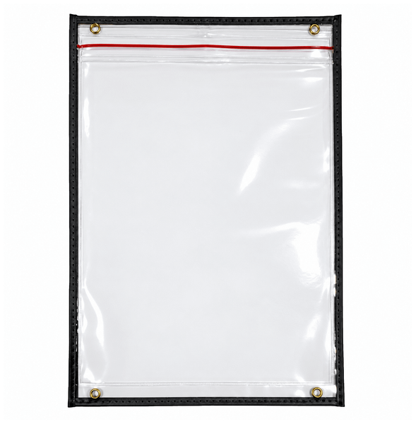 Heavy-duty waterproof clear vinyl document holder with stitched black reinforced trim, four brass corner eyelets, and cold-temperature rated material for industrial and outdoor use