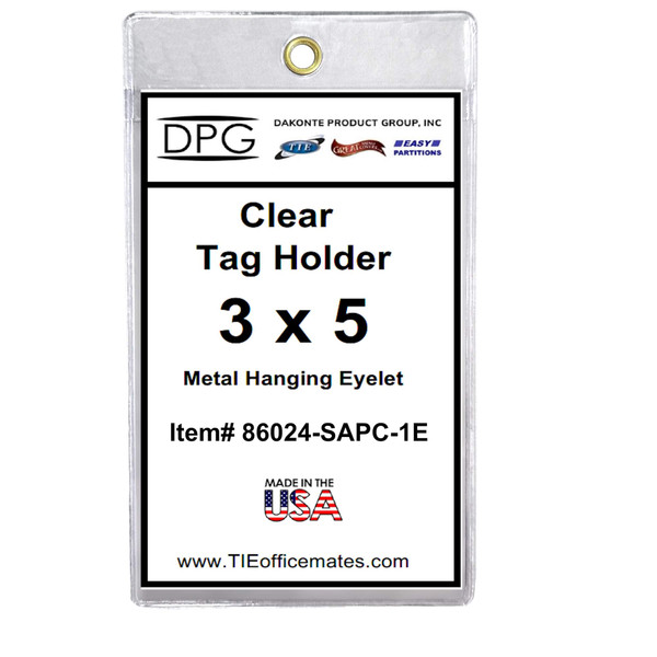Clear plastic 3x5 portrait tag holder with metal hanging eyelet, heavy-duty heat-welded construction, sold in 50-pack for inventory tags and labels.