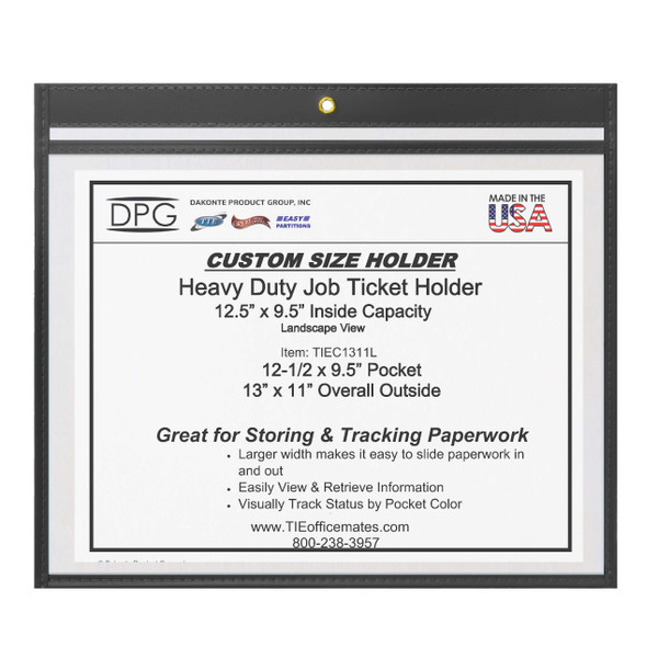 13x10 oversized landscape job ticket holder with clear PVC covers, stitched color-coded vinyl trim, brass hanging eyelet, and 14x11 overall size for work orders and routing sheets.