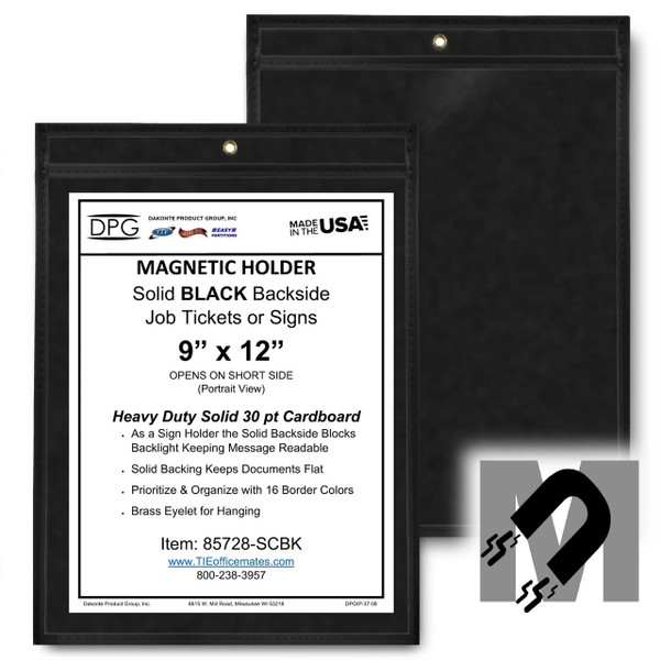 9x12 solid back black job ticket holder with clear vinyl front, stitched trim, brass eyelet, and rigid 30 pt black cardboard backing.