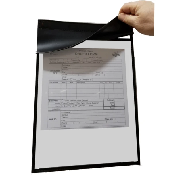 Self-stick and flap closure job ticket holder options for mounted and protected paperwork