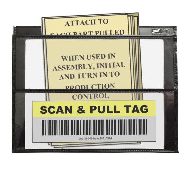Double-pocket document holder organizing production paperwork and barcode scan tag