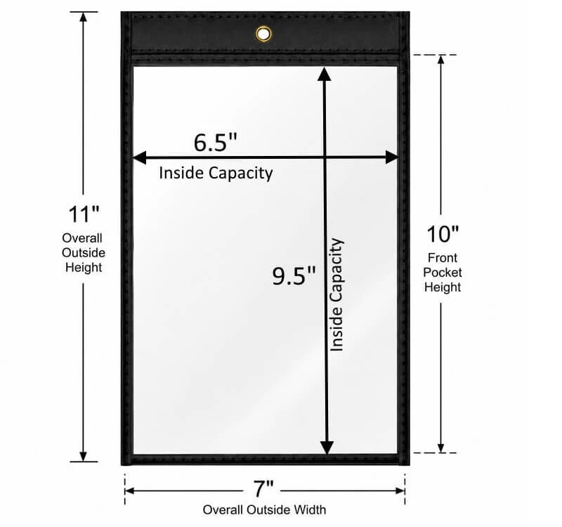 TIE Office-Mates 6x9 sewn job ticket holder dimensional drawing showing 7 inch overall outside width, 11 inch overall outside height, 6.5 inch inside width capacity, 9.5 inch inside height capacity, 10 inch front pocket height, and hanging eyelet