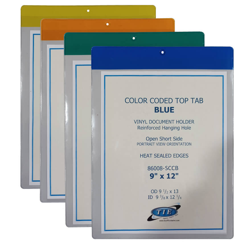 Color-coded vinyl document holders with reusable clear pockets – heavy-duty sleeves in 16 trim colors for organizing job tickets, repair orders, and checklists, helping streamline workflow and avoid costly one-time lamination.
