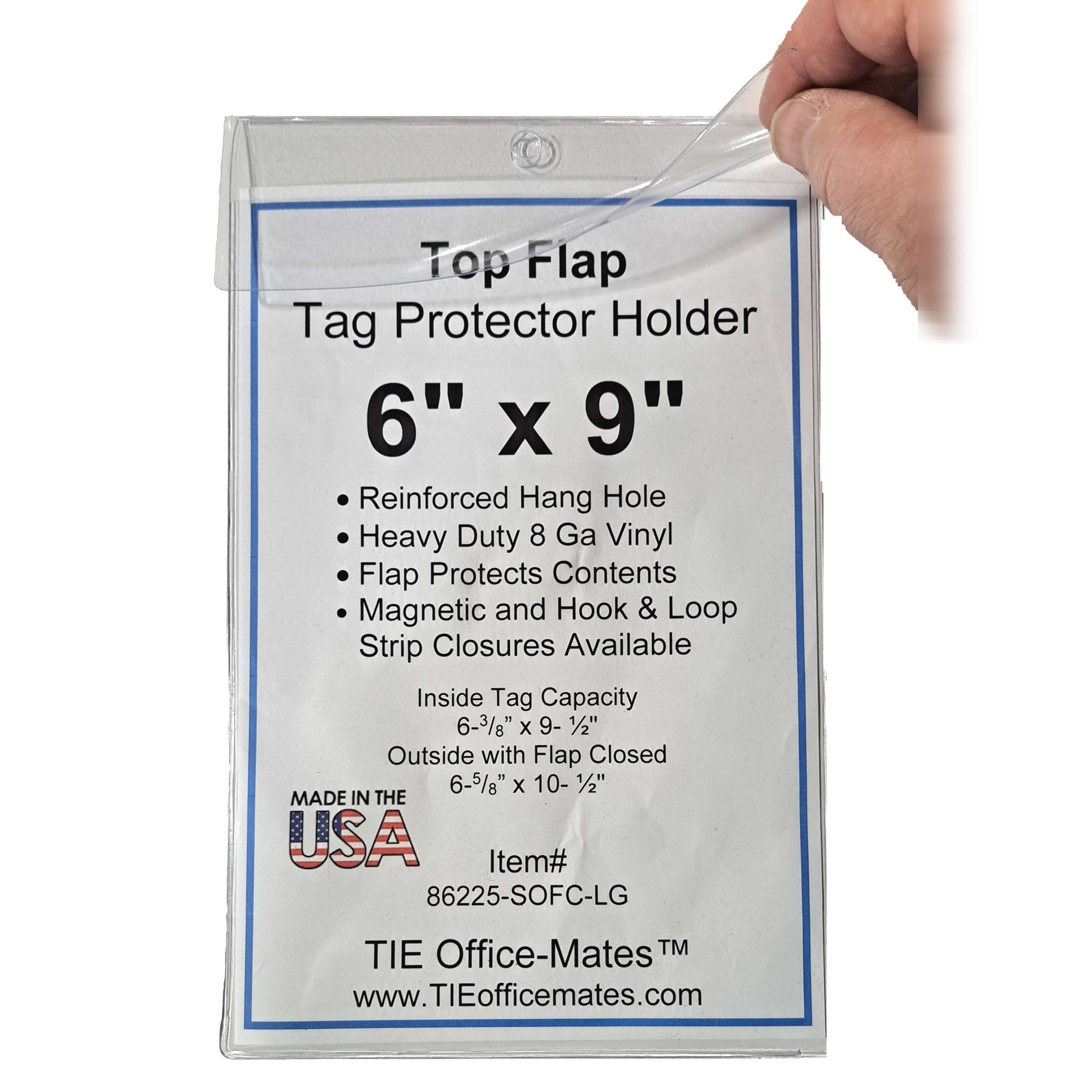 6x9 Vinyl Tag Protector Pocket with top folding flap closure and reinforced top center hang hole