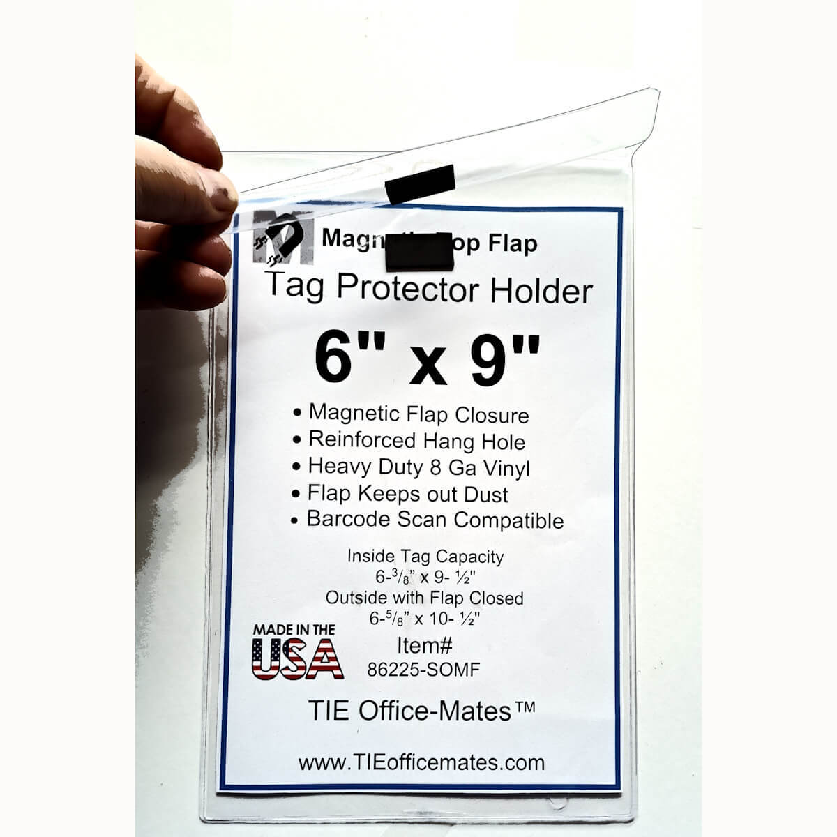 6x9 Vinyl Tag Protector Pocket with top folding flap closure and reinforced top center hang hole