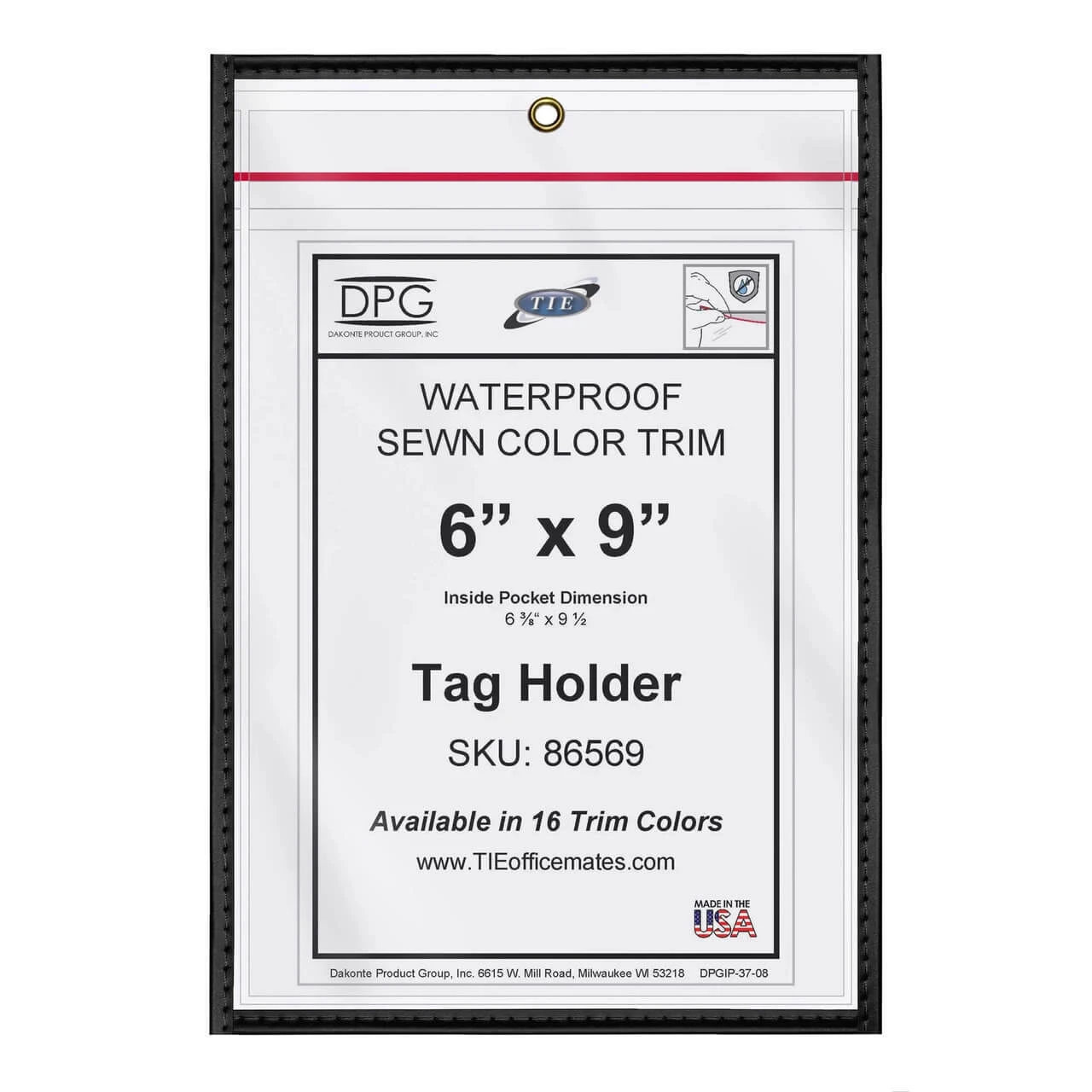 Color-coded sewn trim waterproof document and tag holders