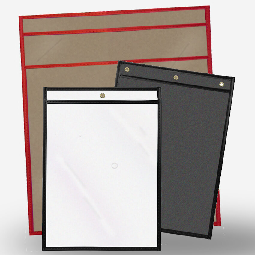 Solid back job ticket holder with rigid pressboard backing for flat document display and 8.5x11 sign posting