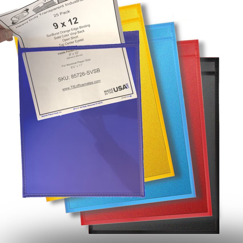 High-visibility color vinyl back job ticket holder with clear front pocket and stitched edges for visual workflow organization