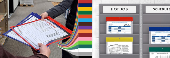 Color-coded heavy-duty vinyl job ticket holders used for organizing work orders in warehouse and manufacturing environments.