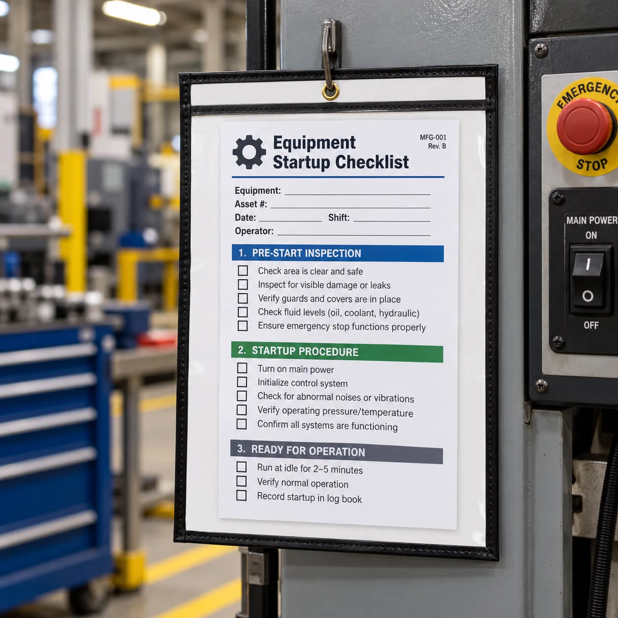 AI-generated illustration of an industrial equipment startup checklist displayed in a stitched clear vinyl sign holder with solid white cardboard backing and single hanging eyelet