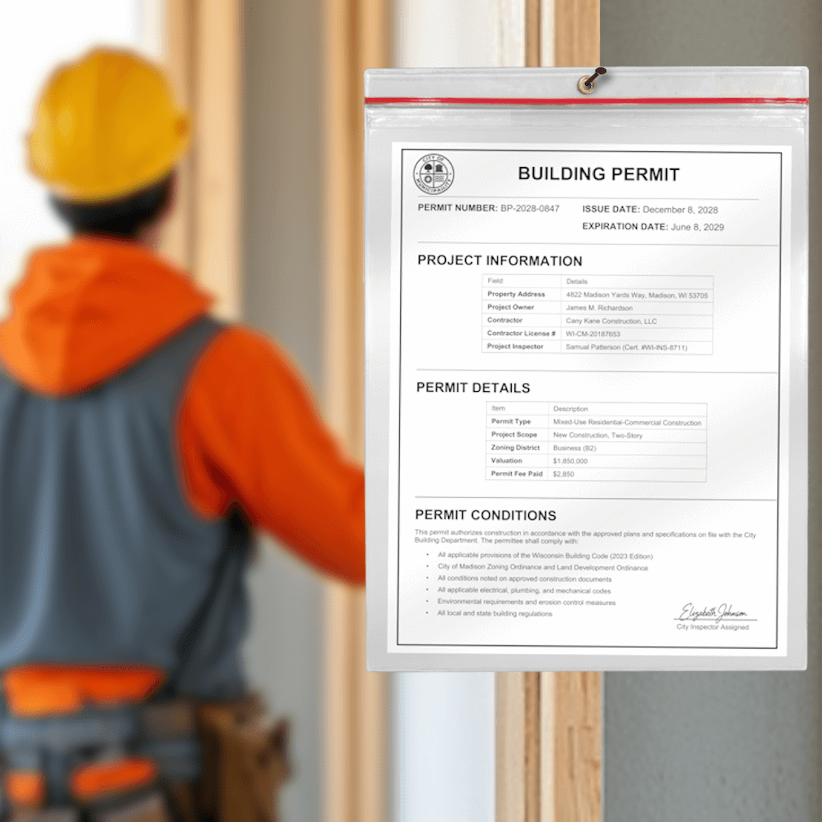Construction permit displayed inside a waterproof job ticket holder on a jobsite