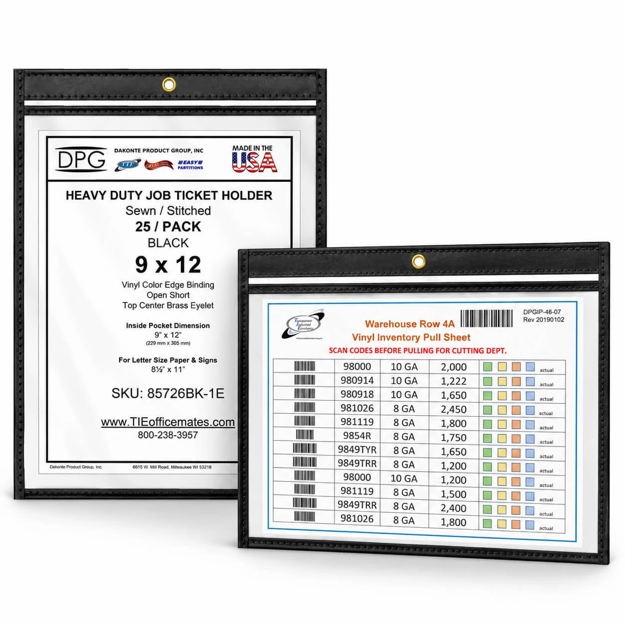 Sewn and stitched 9x12 job ticket holders shown in portrait and landscape orientations