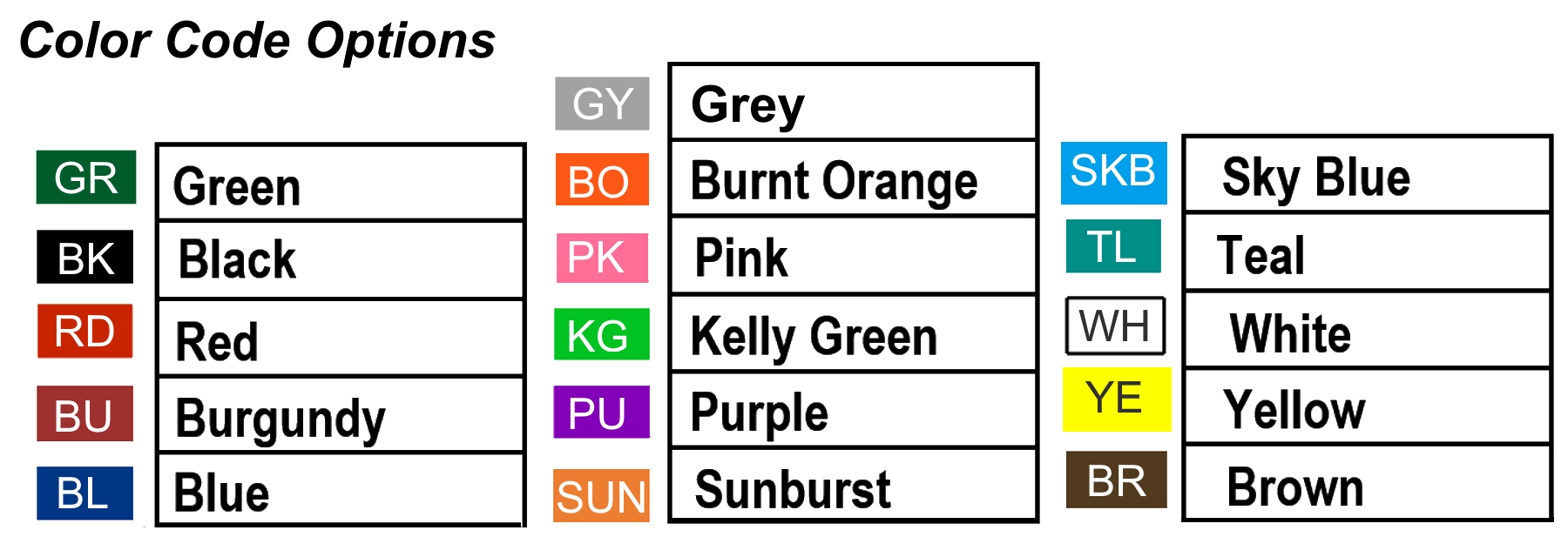 Color options chart for vinyl back holders with corresponding color codes