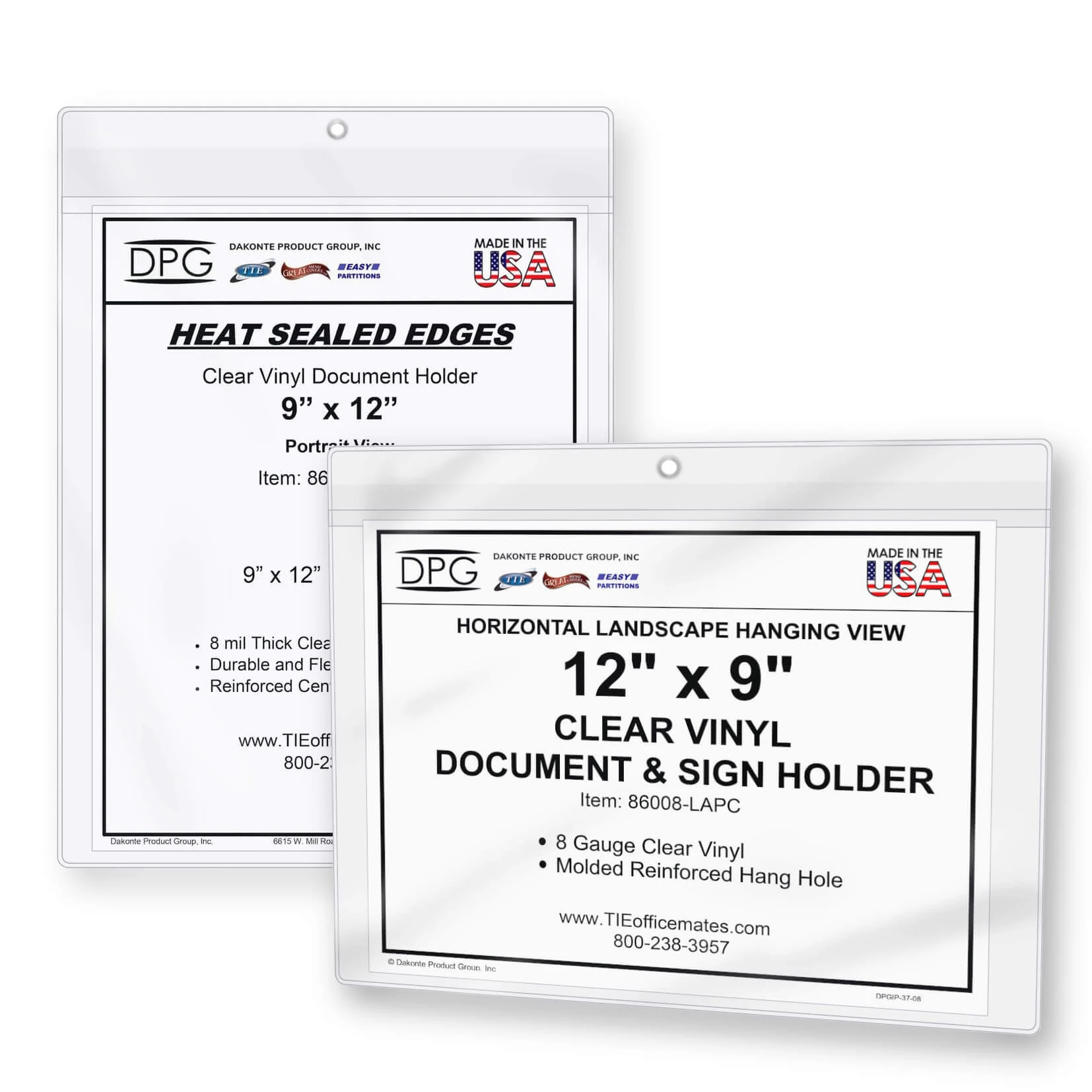 Heat-welded clear 9x12 job ticket holders shown in portrait and landscape orientations