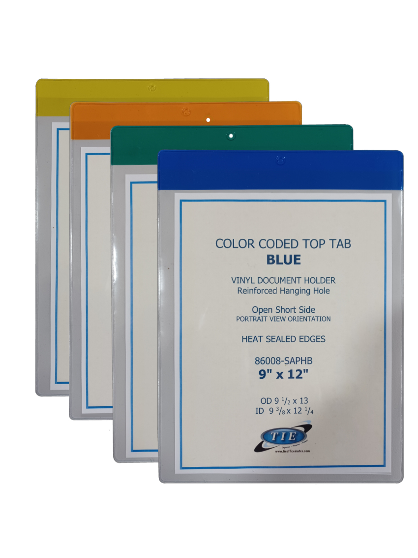 Clear vinyl document holders with color-coded top tabs