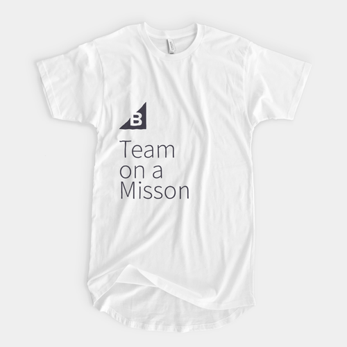 White t-shirt with the B Mark logo and the text "team on a mission" with each word on a new line.