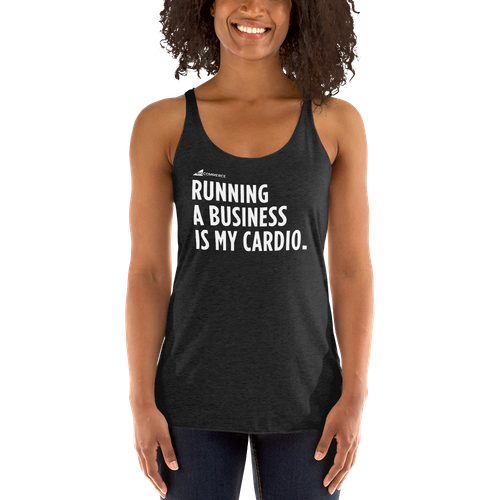 Black slogan tank top with text "Running a business is my cardio" front view on small model.
