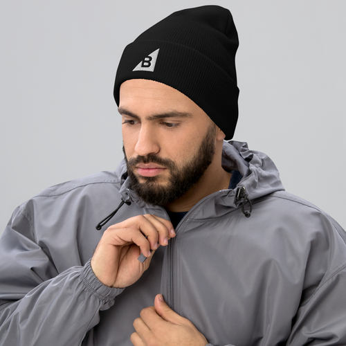 Black B Mark Logo Beanie, front view on a model.