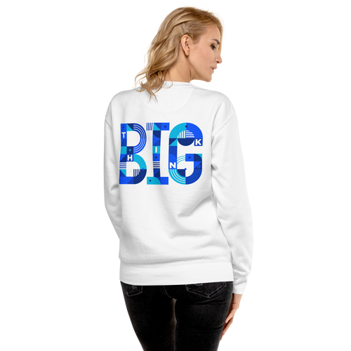 Think Big white unisex sweatshirt back view, on a small model.