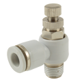 1/2" BSPT Male x 10mm OD Speed Control Valve - 1/2" BSP Tapered Male x 10mm Outside Diameter, One Touch+ Plastic Push-in Metric Tube Fitting, Uni-Directional to Suit Cylinder, 90Ã‚Â° Manual Flow Controller, Plastic/Brass Nickel Plated, Working Temperature