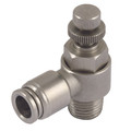 6MM X 1/8 BSPP S/S MALE SPEED CONTROL - 1/4" BSP Parallel Male x 10mm Outside Diameter, Pneumatic One Touch Push-in Metric Tube Fitting, Uni-Directional to Suit Cylinder, 90Ã‚Â° Manual Flow Controller, Stainless Steel, Working Temperature -20Ã‚Â°C to +200