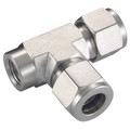 1/8" NPT x 6mm Outside Diameter Tee - 1/8" NPT Female x 6mm Outside Diameter, Hydraulic Twin Ferrule Metric Compression Fitting, Tee, Female Branch x Tube, 316 Stainless Steel, Panam