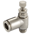 1/4" BSPP Male x 10mm OD Speed Control Valve - 1/4" BSP Parallel Male x 10mm Outside Diameter, Pneumatic One Touch All Metal Push-in Metric Tube Fitting, Uni-Directional to Suit Cylinder, 90Ã‚Â° Manual Flow Controller, Brass Nickel Plated, Working Tempera