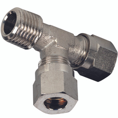 TEE WITH MALE THREAD 12MM OD TO 1/2"BSPT - 1/2" BSP Tapered, Male Run Tee, Metric Compression Fitting, 12mm Outside Diameter x 10mm Inside Diameter, Brass Nickel Plated, Working Temperature -45Ã‚Â°C to +80Ã‚Â°C, Maximum Working Pressure 60 bar, Metal Work