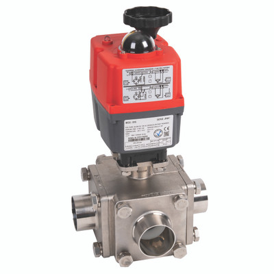 1/2" ODBW SS 3WL C/F F/W J4CS20 MV ACT - 1/2" Butt Weld Haitima 2057CB Stainless Steel Hygienic 3 Way L Port Ball Valve Fitted with a J+J J4CS20 Electric ActuatorAll images used are for illustrative purposes only